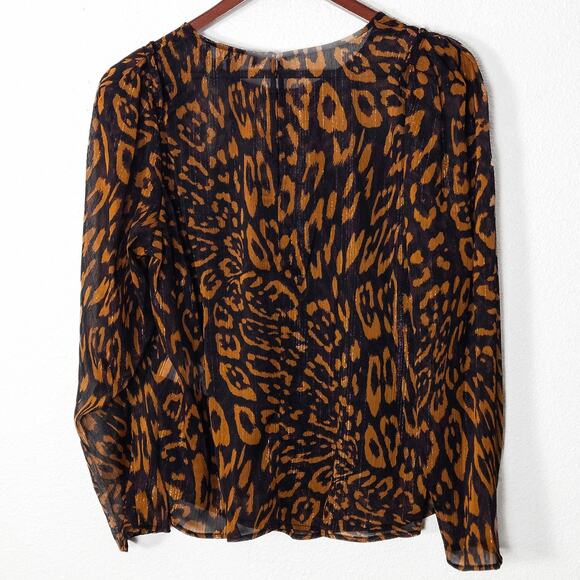 DKNY Sheer Blouse Animal Print Brown Black Size Large Mobwife Glam - Picture 2 of 13